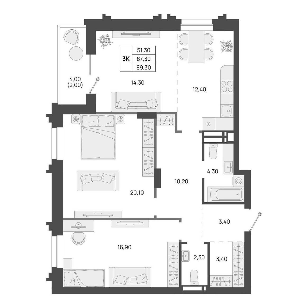 3-комнатная, №103